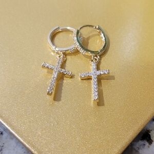 Gold Cross Huggie Hoop Style Earrings